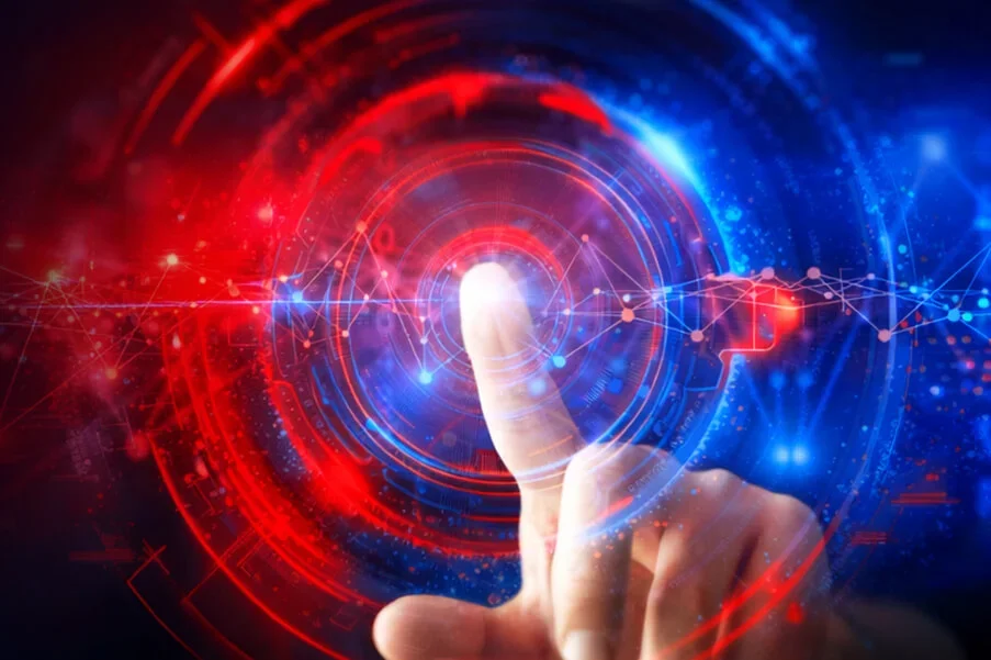 pointing finger on red and blue graphic